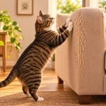 Gato arranhando sofá de tecido em uma sala de casa