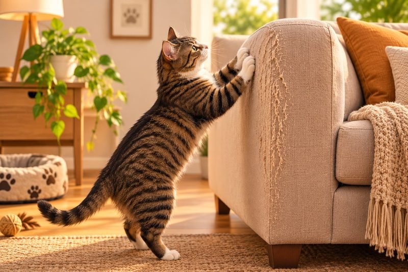 Por que meu gato arranha o sofá e como fazer ele parar?