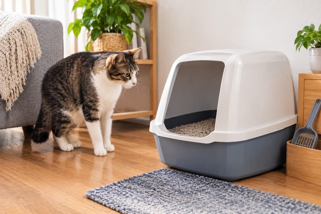 Gato evitando a caixa de areia por desconforto