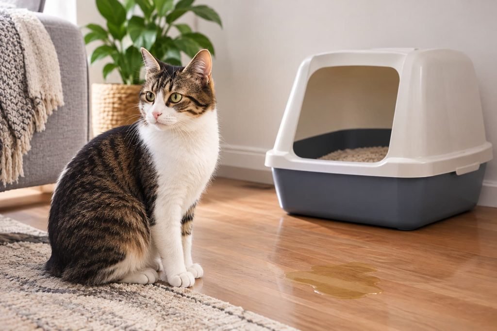 Gato fazendo xixi fora da caixa de areia